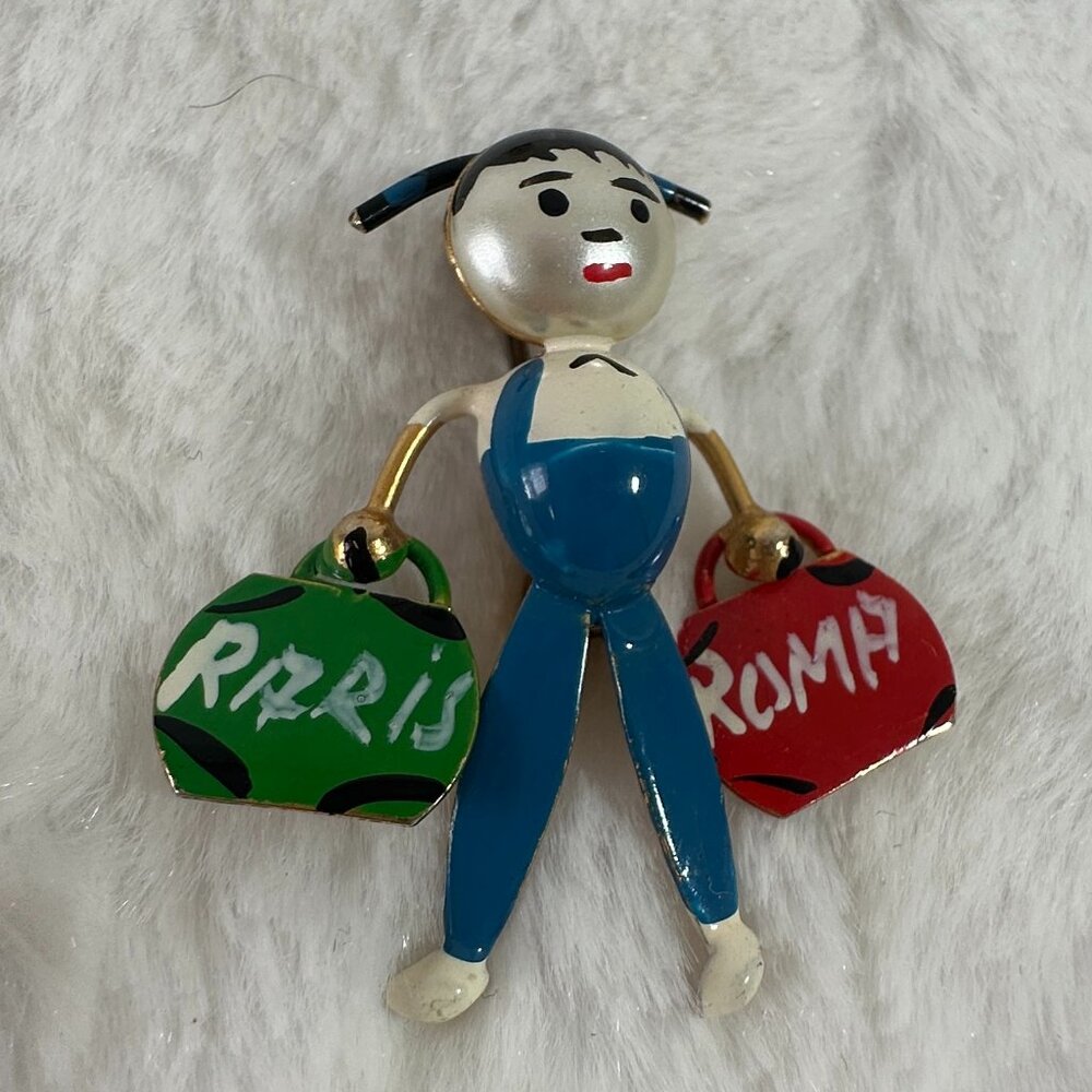 Vintage Robotic Puffed  Whimsey Pin Tourist shopper Paris Roma Marked Spain